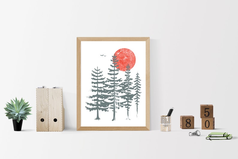 Evergreen Trees Screenprint Art Print Silkscreen Red Sun Northwest Forest Poster Woodland Art Print image 3