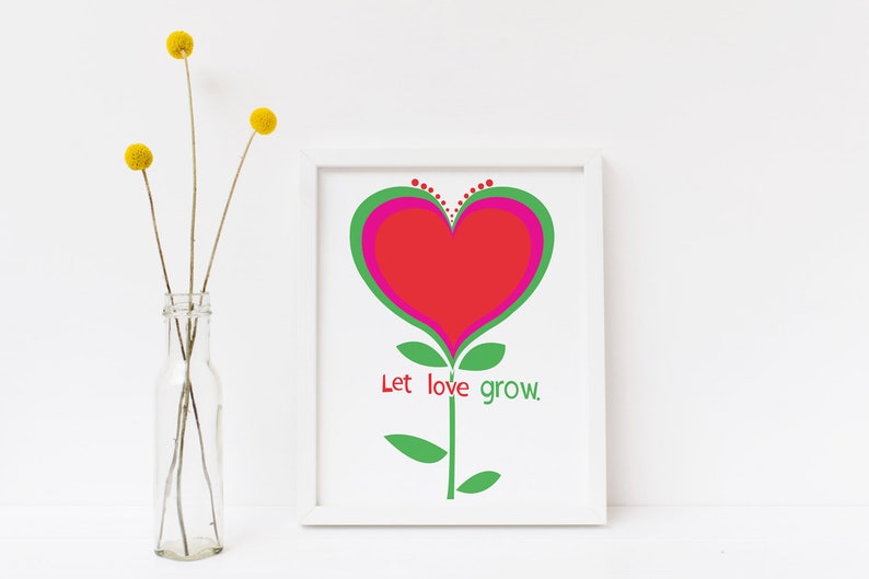 Giclee Love Heart Flower Mid Century Nursery Art Let Love Grow Heart Illustration Minimalist Print Wall Decor Wall Art image 3