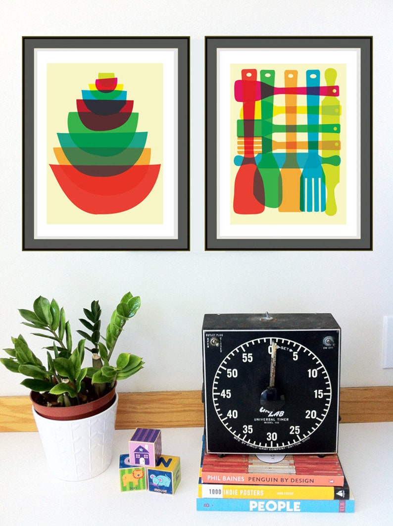 Giclee Mid Century Moden Style Kitchen Art Print Set Bowl and Utensil Stack Mid Century Inspired Art Prints image 1