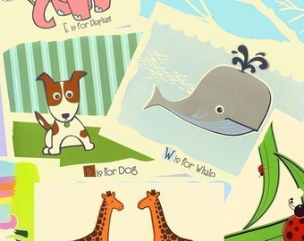 Nursery Art Prints - Choose Any 3 Alphabet Prints:  Animal Art Print Poster - Childrens Room Screen Print Wall Art Decor -