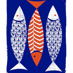 May include: A stylized print featuring three fish against a dark blue background. The central fish is orange with a patterned design, flanked by two white fish with blue scale details. The artwork has a textured, hand-printed aesthetic.