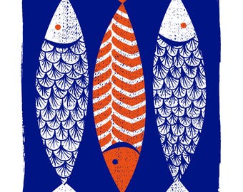 3 Fish Screenprint Art Print  Modern Art  Scandinavian Style - Mid Century Coastal Decor - Silkscreen Print Kitchen Art - Nautical Fish Art
