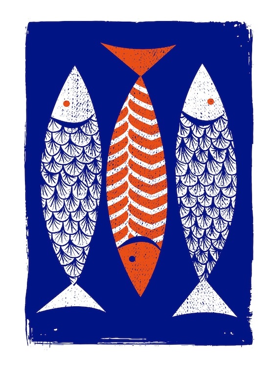 3 Fish Screenprint Art Print  Modern Art  Scandinavian Style - Mid Century Coastal Decor - Silkscreen Print Kitchen Art - Nautical Fish Art