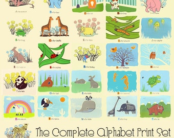Alphabet Nursery Art Prints - The Complete A-Z Animal Alphabet Set - hand screenprinted