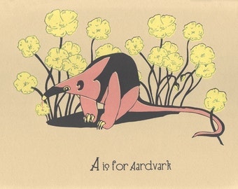 Nursery Art Alphabet Print - A is for Aardvark - hand screenprinted Animal Art Print