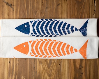 Fish Cotton Tea Towel Kitchen Towel Hand Silkscreen Printed Textile Flour Sack Style Towel