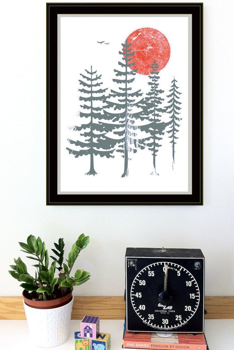 Evergreen Trees Print Screenprint Art Silkscreen Red Sun Northwest Forest Poster Woodland Art Print image 2