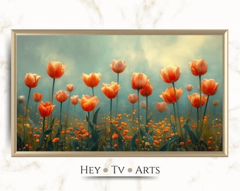 Orange Flowers Frame TV Art | DIGITAL Download | Ölgemälde mit Struktur | Tulpen Feld | Blumen Kunst Art | Flower Art