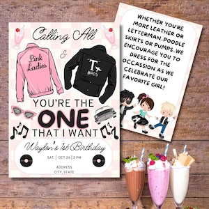 Invitación de primer cumpleaños con temática de Grease "Eres el que quiero", impresión digital personalizable