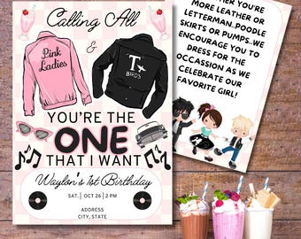 Grease Theme You're The One That I Want First Birthday Invitation Digital Print Customizable