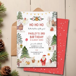 クリスマス バースデー パーティー招待状、印刷可能な冬の休日のバースデー招待状、12 月の誕生日の編集可能なテンプレート、即時ダウンロード
