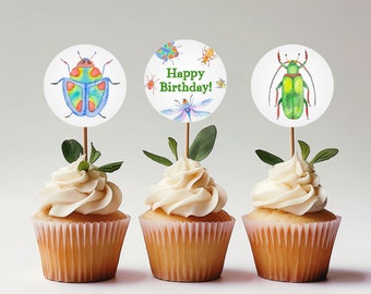 Editable Bug Birthday Cupcake Toppers, 5 Bug Cupcake Toppers, Printable Cupcake Toppers, Bug Party Decor