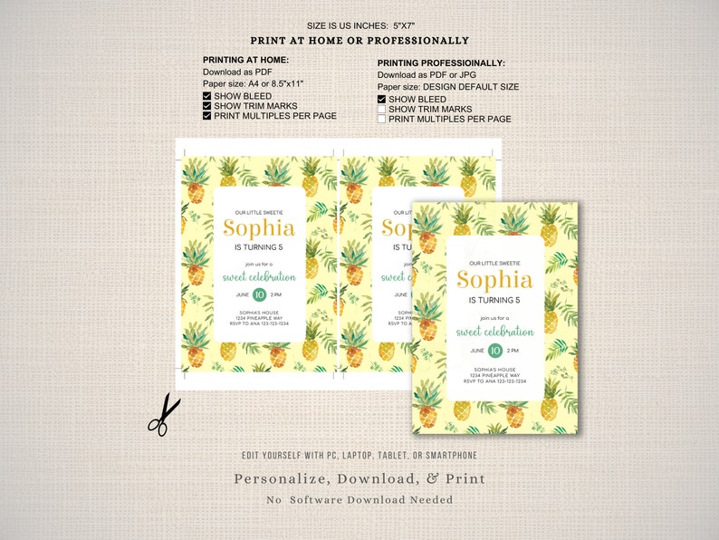 Pineapple Birthday Invitation Template, Pineapple Party Invite ...