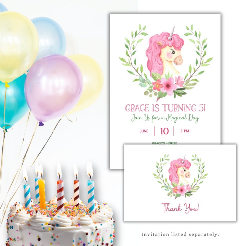 Tarjeta de agradecimiento de cumpleaños de unicornio editable, gracias de unicornio, plantilla de tarjeta de agradecimiento editable, tarjeta de agradecimiento imprimible, descarga digital imagen 3