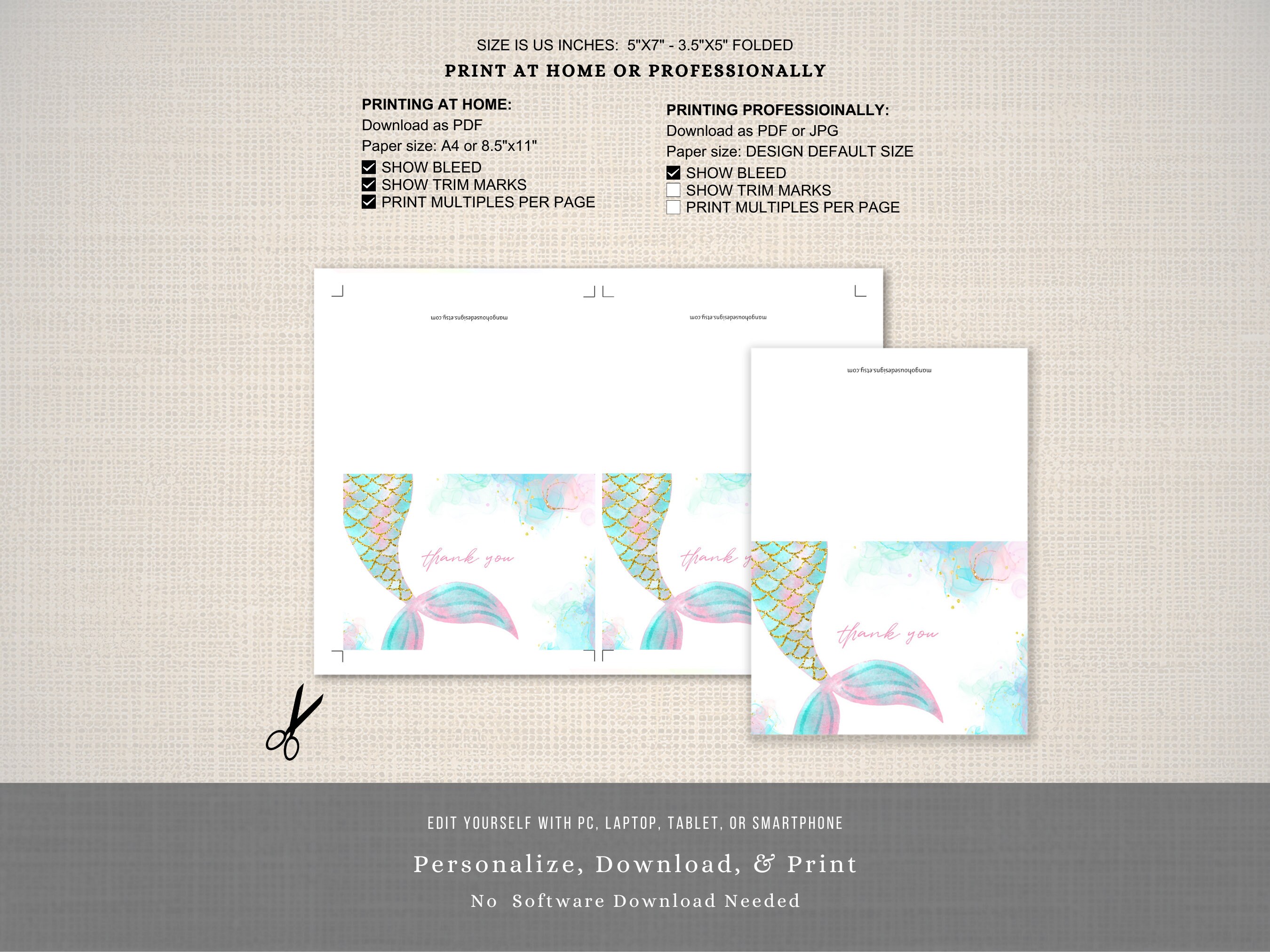 Editable Mermaid Birthday Thank You Card, Mermaid Thank You, Editable ...