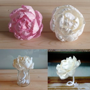 May include: Three white and pink paper peonies, two are laying flat and one is in a clear glass jar with a white string hanging out of the top.