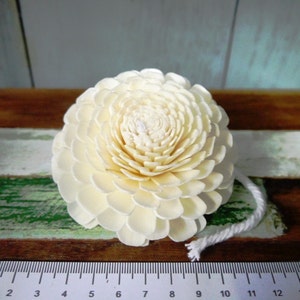 Może przedstawiać: Biały drewniany kwiat o okrągłym kształcie i warstwowym wzorze. Kwiat ma średnicę około 5 cm i jest przymocowany do sznurka.