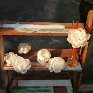 Pode incluir: Uma prateleira de madeira rústica exibe várias flores brancas, semelhantes a papel, e uma pequena garrafa de vidro com canas laranja. A prateleira tem um acabamento desgastado com tons de castanho, verde e branco.