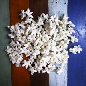 May include: A cluster of white paper flowers arranged on a wooden surface with blue, white, and orange stripes.