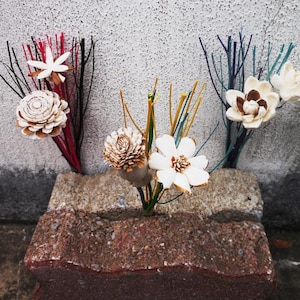 6 Mini Bouquets of Sola diffuser flowers, 6.5inch reeds, with options of Dyed reed or natural white reed.