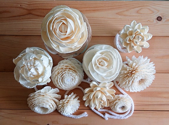 25 White Balsa Wood Sola Jasmine Sakura Flowers Diffusers Handmade Aroma Spa 