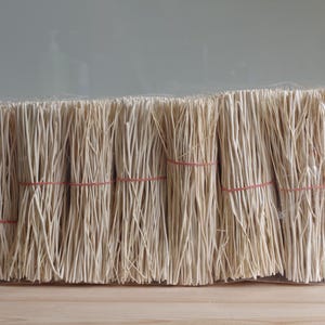 May include: A bundle of thin, light-colored wooden sticks, tightly packed and secured with red rubber bands. The sticks are enclosed in a clear plastic wrap, suggesting a craft or decorative item.