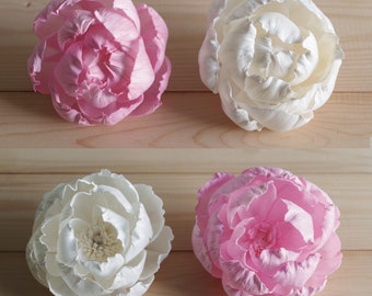8 Peony Roses Sola Wood Diffuser Flowers 8cm Dia. with pollen, with options of white or pink