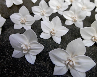 May include: A collection of white, paper-like, orchid-shaped decorations. The decorations are arranged on a dark grey surface.