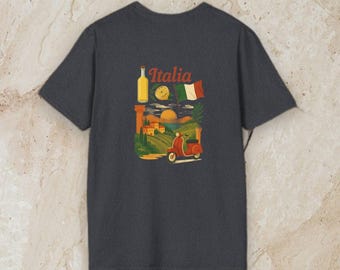 May include: A charcoal gray short-sleeve t-shirt featuring a graphic print on the chest. The design includes the word Italia, a yellow bottle, a lemon slice, the Italian flag, a red scooter, and a landscape with hills, buildings, and a sun.