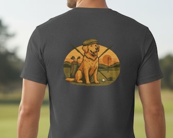 Camiseta Golden Retriever Golfista, Camiseta Vintage com Estampa de Cachorro Golfista, Camiseta Esportiva Retrô