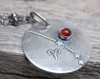 Constellation Aries Necklace  ... fine silver zodiac sign star constellation with silver pyrite and pyrope garnet