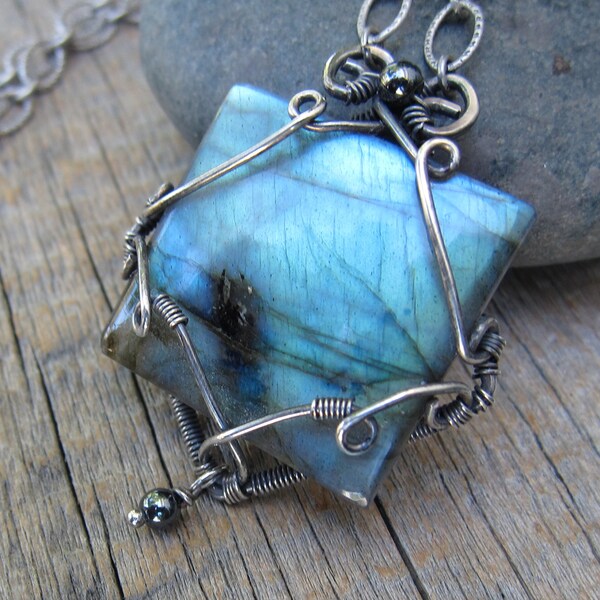 Spirit of Winter Necklace ... Wire Wrapped Blue Fire Labradorite with Sterling Silver