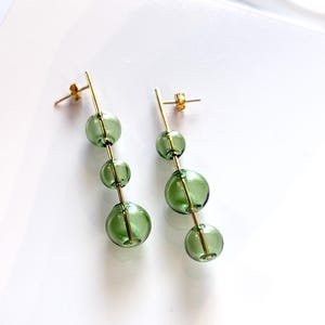 Green Blow Bubble Glass Earrings: 18k Gold Coated Sterling Silver Stick , gifts for her
