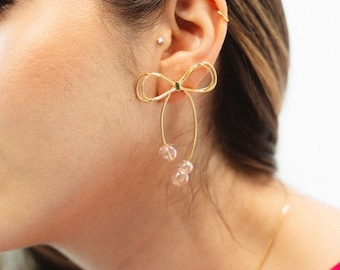 Sterling Silver Bow Earrings: 18k Gold Plated, Pink Glass Bubbles