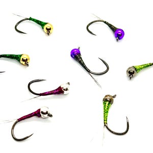 May include: Assortment of fly fishing lures with different colored beads and bodies. The lures are tied with green, purple, and silver thread.