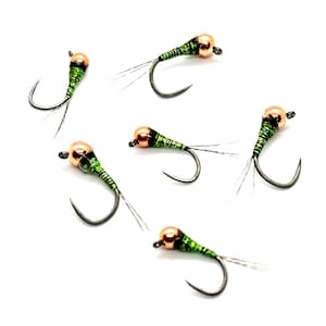 May include: Six green and copper fly fishing lures with black hooks and feathers.