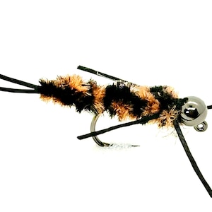 May include: A black and brown fly fishing lure with a bead head and long legs.
