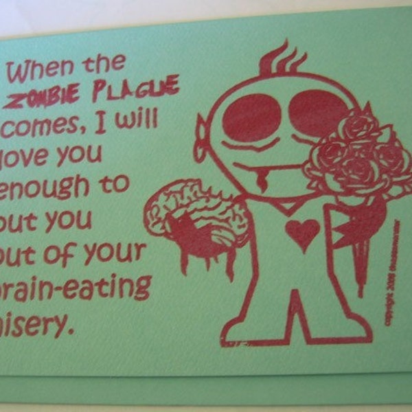 Zombie Plague Valentines Day Card Aqua Hand Gocco Printed One Single Card