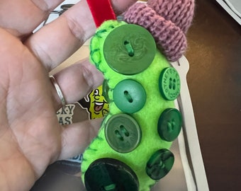Your Lucky Pickle Xmas Christmas Felt Ornament — One of a Kind lime with buttons and a hat