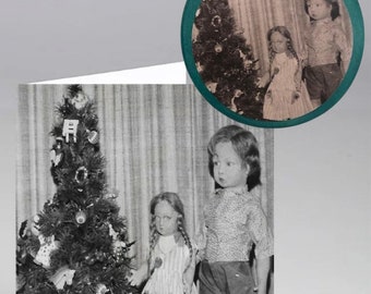 Haunted Doll Children Pose in Front of Xmas Tree card and ornament combo
