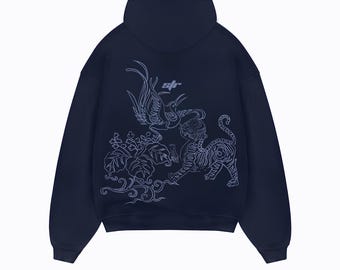 Sudadera con capucha azul oscuro extragrande, sudadera unisex de estilo urbano para hombres y mujeres, estilo casual y estético.