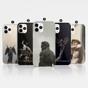 May include: Five different phone cases with various images of sculptures. The cases are all black and have a white border around the image. The images are of a winged angel, a man holding a sword, a man with a muscular torso, a winged angel, and a man with a muscular torso.