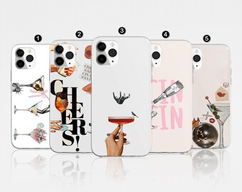 Puede incluir: Cinco fundas de teléfono diferentes con varios diseños que incluyen cócteles, bebidas y las palabras "Cheers" y "Gin & Gin".