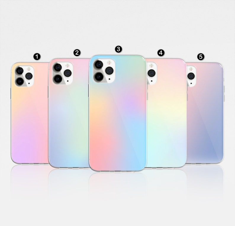 May include: Five different phone cases with a gradient design. The cases are in shades of pink, blue, and purple. The cases are numbered 1 through 5.