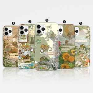 May include: Five different phone cases with a collage of images featuring frogs, flowers, and text. The cases are all white and have a clear back. The text on the cases includes quotes from the book "The Wind in the Willows".