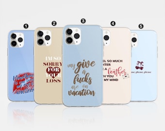 May include: Five different phone cases with various designs and text. The cases are all light blue, light pink, or beige. The text on the cases includes "Heartbreak is one thing, my ex is another", "I'm so sorry for your loss", "My give a fucks are on vacation", "Feel so much lighter with you on my mind", and "Cherries, please, please".