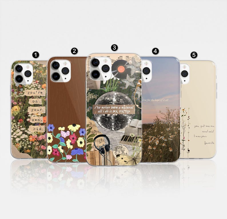 May include: Five phone cases with diverse designs. The cases showcase floral patterns, a wood effect, a disco ball, a sunset scene, and handwritten text. Each case has a unique design, providing a range of aesthetic choices.