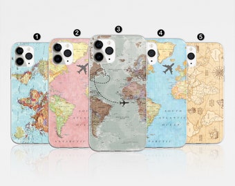 World Map Phone Case Travel Cover for iPhone 17 Pro Max, 16e, 15, 14, 12 & Samsung S25 Ultra, S24 FE, A56, Pixel 9 Pro 8