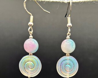 Bunt irisierendes Glas, rosa und blauer Achat und 925 Sterling Silber