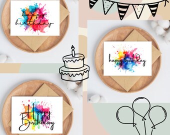 Rainbow Happy Birthday Cards SET- x3-Beautiful Bright Watercolour splash-calligraphy-portrait- Digital